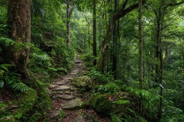 Lush, stone path winds through dense rainforest