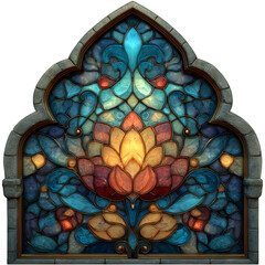 Colorful Stained Glass Window Design with Floral Motif on Clear Background