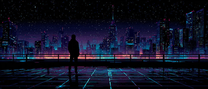SILUETA SOLITARIA ANTE UNA CIUDAD FUTURISTA NOCTURNA