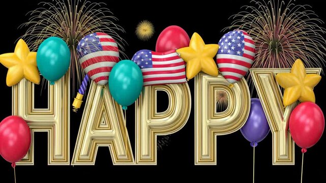 Colorful festive scene featuring the word HAPPY adorned with vibrant balloons, stars, and fireworks in the background, capturing the joyful essence of celebration and excitement in a dynamic motion se