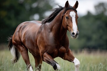 A brown horse with a white face spot is running in a field