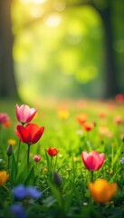 Fototapeta premium Vibrant Spring Flowers Basking in Sunlight, Lush Meadow, Gentle Breeze, Renewal