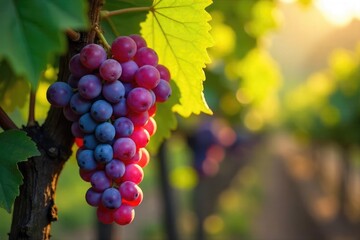Fototapeta premium Sunlit Ripe Grapes Hanging Heavy on Verdant Vine, Abundant Harvest Scene, Rural Vineyard