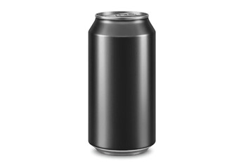 A plain gray metal soda can stands tall on a white surface illuminated by a light source