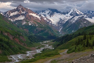 Mountain valley scene, snow-capped peaks, lush green slopes, flowing river