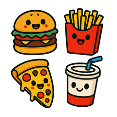 Adorable cartoon vector illustration of popular fast food items with smiling faces, including a cheeseburger, crispy French fries, cheesy pizza slice, and a refreshing soft drink in a cup
