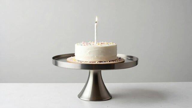 A small white frosted cake with a single candle on a silver cake stand against a gray background