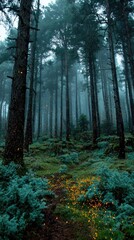 Obraz premium Misty forest path with fireflies and ferns