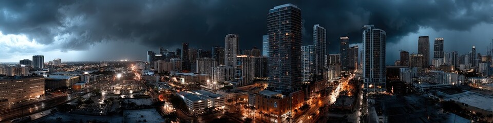 Naklejka premium A beautiful city skyline, featuring tall buildings under a dark, cloudy sky