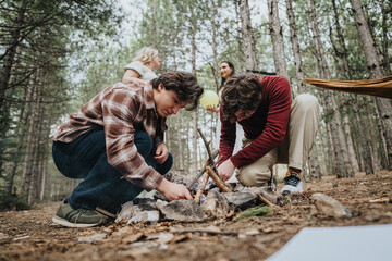 A group of friends is enjoying time in the forest, setting up a campfire area.