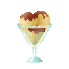 Rich chocolate ice cream in a glass with a delicious drizzle. Chocolate ice cream served in a glass cup. Dessert chocolate ice cream vector illustration.