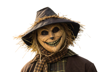 Creepy scarecrow mask with wide grin and weathered hat on figure, isolated on a transparent background