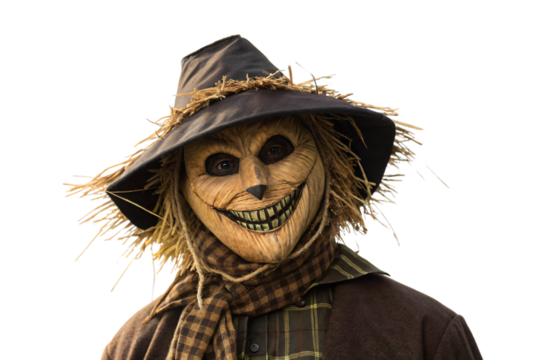 Creepy scarecrow mask with wide grin and weathered hat on figure, isolated on a transparent background