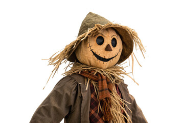 Friendly scarecrow with stitched smile wearing brown hat and straw collar, isolated on a transparent background