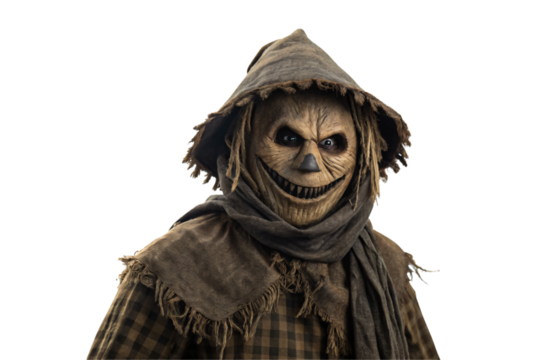 Sinister scarecrow character with hooded cloak and menacing carved wooden face, isolated on a transparent background