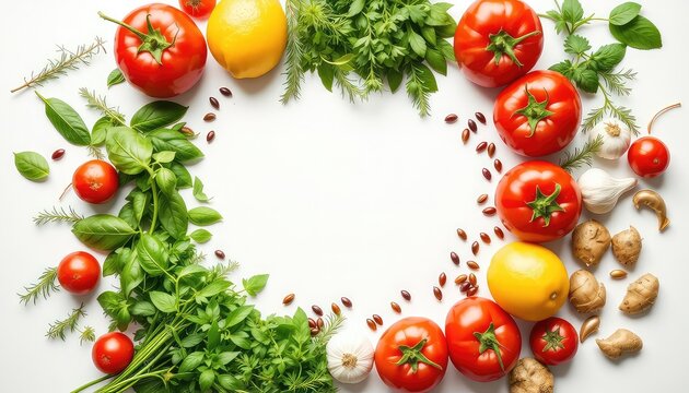 Arrangement of fresh tomatoes, herbs, garlic, lemons and ginger creates a visual boundary for content or design space