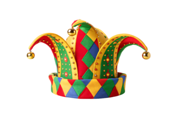 Elaborate court jester cap featuring vibrant harlequin design, multiple bells and rich fabric construction, isolated on a transparent background