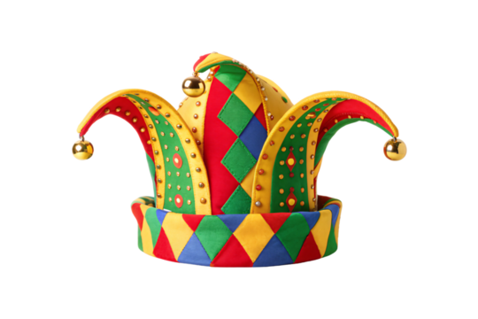 Elaborate court jester cap featuring vibrant harlequin design, multiple bells and rich fabric construction, isolated on a transparent background