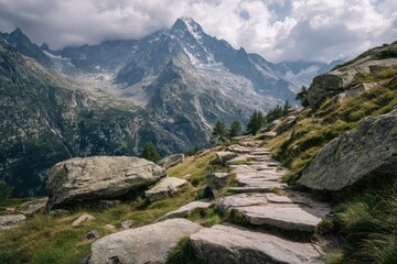 Hiking trail winding up a mountainside towards a majestic peak