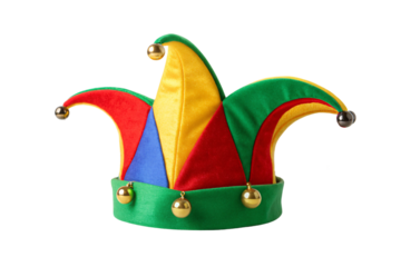 Traditional fool's cap with multicolored panels, curved points, golden bells and medieval styling, isolated on a transparent background