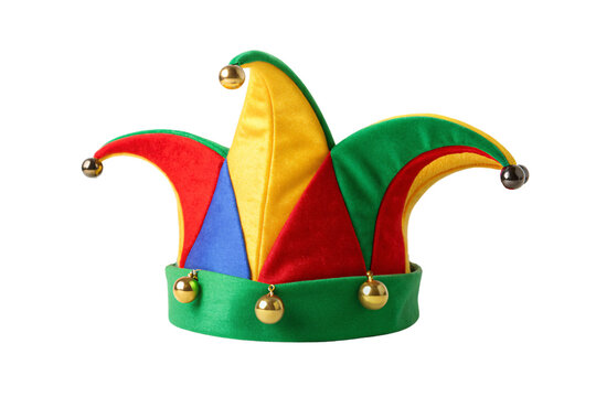 Traditional fool's cap with multicolored panels, curved points, golden bells and medieval styling, isolated on a transparent background