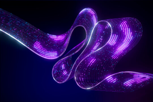 3d glowing quantic data stream of neon optical fiber flow