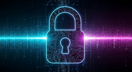 Glowing neon padlock symbol illuminates digital circuit board with futuristic cyber security concept