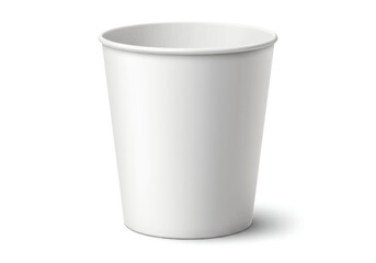 A white paper cup stands with a rounded lip casting a soft shadow on a white surface