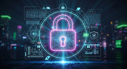 Digital padlock glowing with neon light represents cybersecurity and data protection in a futuristic technological environment