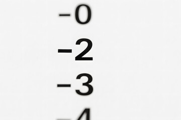 Measurement scale with negative numbers in close up view, depth of field focus on minus two mark, precision measuring instrument, accuracy calibration tool, numeric indicator, technical detail macro s