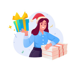 Illustration of a girl in a New Year's hat with a wad of money and a gift. Vector. Gifts and cash payments for the New Year. A mascot and a character for design projects