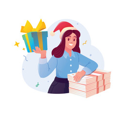 Illustration of a girl in a New Year's hat with a wad of money and a gift. Vector. Gifts and cash payments for the New Year. A mascot and a character for design projects