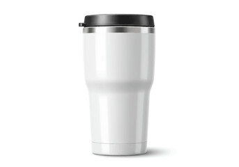 A white tumbler with a black lid is shown in a clean studiolike setting