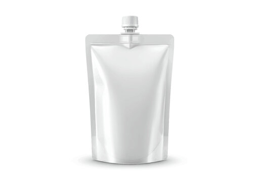 A white standup spout pouch on a white background with subtle shadows