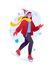 Illustration of a girl in a New Year's hat on skates. Vector. A girl is skating on ice in the New Year. A mascot and a character for design projects. Festive New Year's atmosphere. 