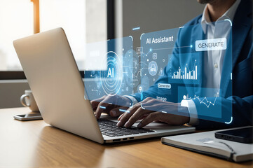 Man using laptop with AI assistant interface overlay