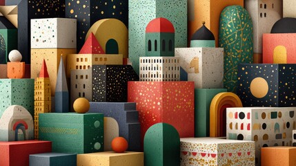 A vibrant, abstract cityscape of geometric buildings and shapes, adorned with gold speckles and intricate patterns