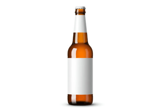 An amber beer bottle with a white label is standing upright
