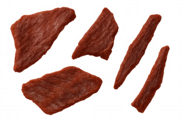 Dried meat slices displaying rich textures and warm colors suspended against transparent background