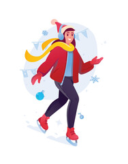 Illustration of a girl in a New Year's hat on skates. Vector. A girl is skating on ice in the New Year. A mascot and a character for design projects. Festive New Year's atmosphere.