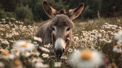 Fototapeta premium A donkey peacefully grazes among blooming wildflowers in a serene meadow at dusk.