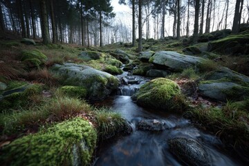 Misty forest stream flowing over mossy rocks