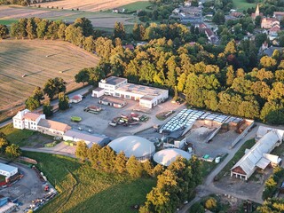 biogas production, biogas plants, bioenergy,aerial panorama landscape view of bio gas production facility and powerplant,European energy crisis,green renewable energy production,Europe