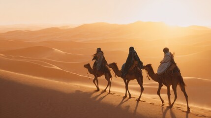 Fototapeta premium Sahara Desert: A Breathtaking Canvas of Endless Golden Dunes, Clear Azure Skies, and Camel Caravans Traversing the Timeless Wilderness