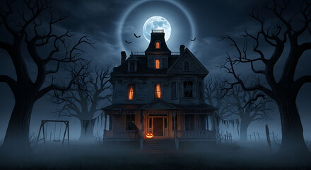 Spooky haunted house with pumpkin and full moon