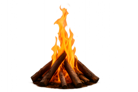 Campfire with burning logs and bright flames on white background, close up bonfire, outdoor survival firewood, warm light source, camping heat energy, wilderness adventure, rustic natue concept photo