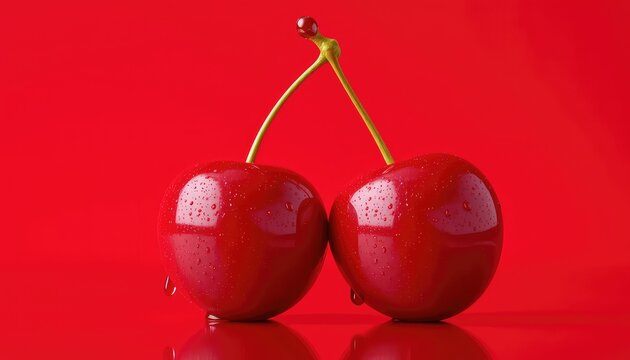Two shiny ripe red cherries with stems intertwined and water droplets, presented against a bold red backdrop