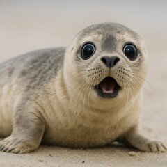 Naklejka premium Cute Baby Seal with Large Eyes Lying on Sandy Beach in Bright Natural Light