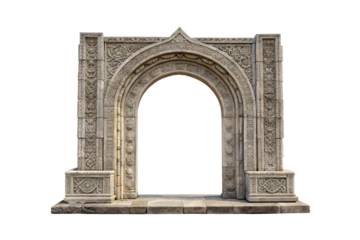 Ornate stone archway with intricate carved details and classical architectural design elements, isolated on a transparent background