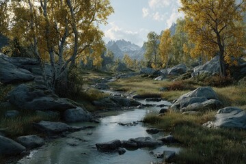 Autumnal mountain stream, birch trees, rocky terrain